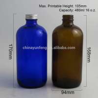 Top Quality 480ml pharmaceutical clear amber blue glass boston round bottle with silver aluminum cap, 16 oz glass bottle